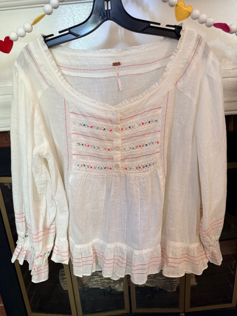 Free People Cotton Embroidered Long Sleeve BoHo Top
